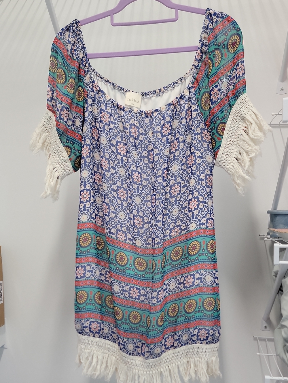 Black Bead Made In USA Boho Floral Fringe Tunic Dress in Blue & Teal -lined